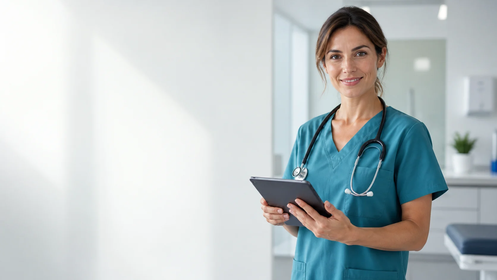 Veora healthcare professional holding a tablet